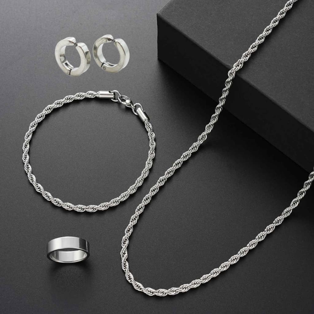 KIT Colar Corrente + Pulseira + Brinco Corrente Baiano Aço Inoxidável (Não enferruja nem escurece)