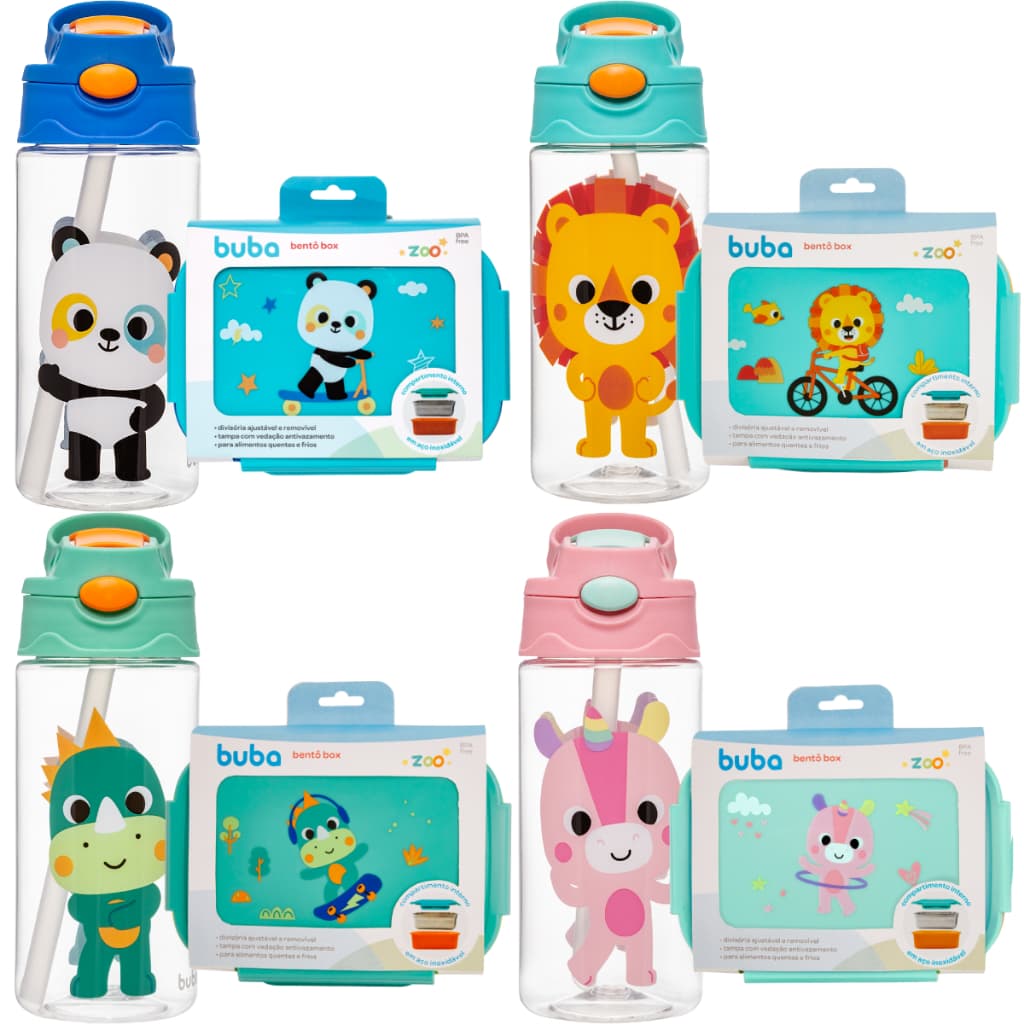 Kit Garrafinha Tritan 450ml + Bento Box Inox Buba Zoo Marmita Infantil Garrafa com Canudo Silicone