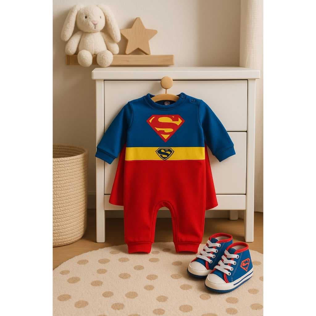 Macacão Super Man Com Capa + Tênis Bebê Fantasia Super Homem Algodão Super Herói