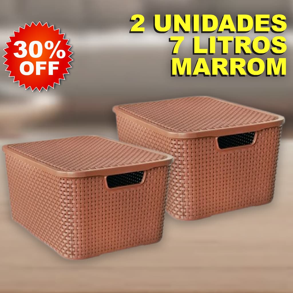 Kit 2 Caixa / Cesta Organizadora Pequena 7 Litros Empilhavel Rattan MARROM Com Tampa - Cesto Organizador 7L