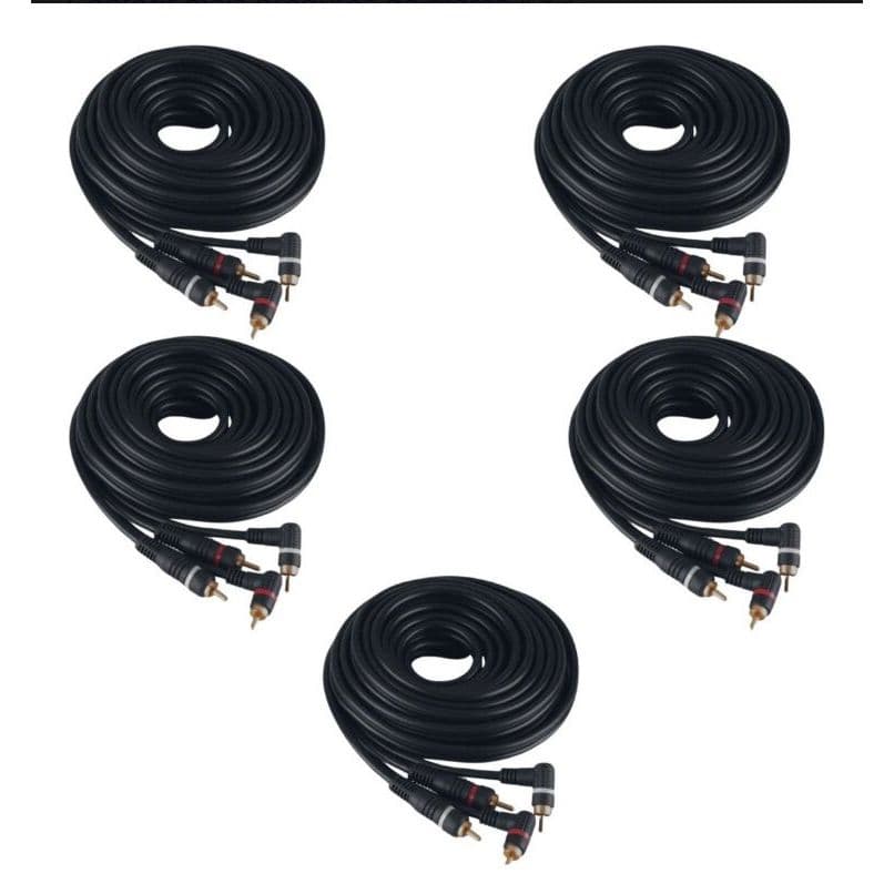 05 UN. Cabos Rca 2 X 2  com Fio Terra 5 metros Áudio Som  e Som Automotivo Flex Preto