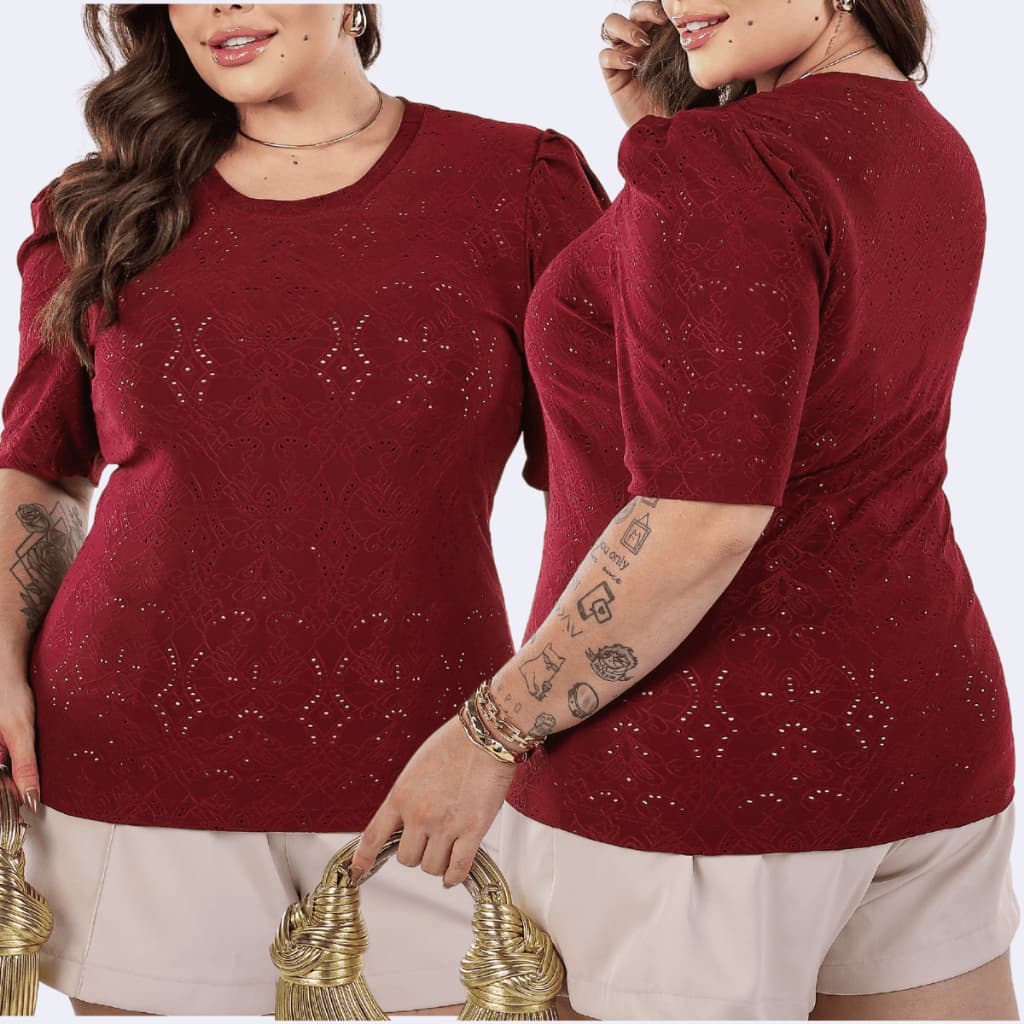 Blusa Feminina Manga Princesa Bufante Casual Moda Plus Size na Malha Lese com Detalhe Metal na Gola