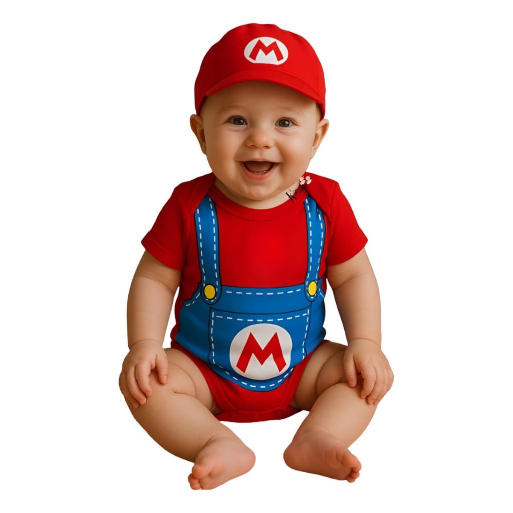 Body Bebê Tématico Super Mario + Boina Mêsversario Fantasia Menino