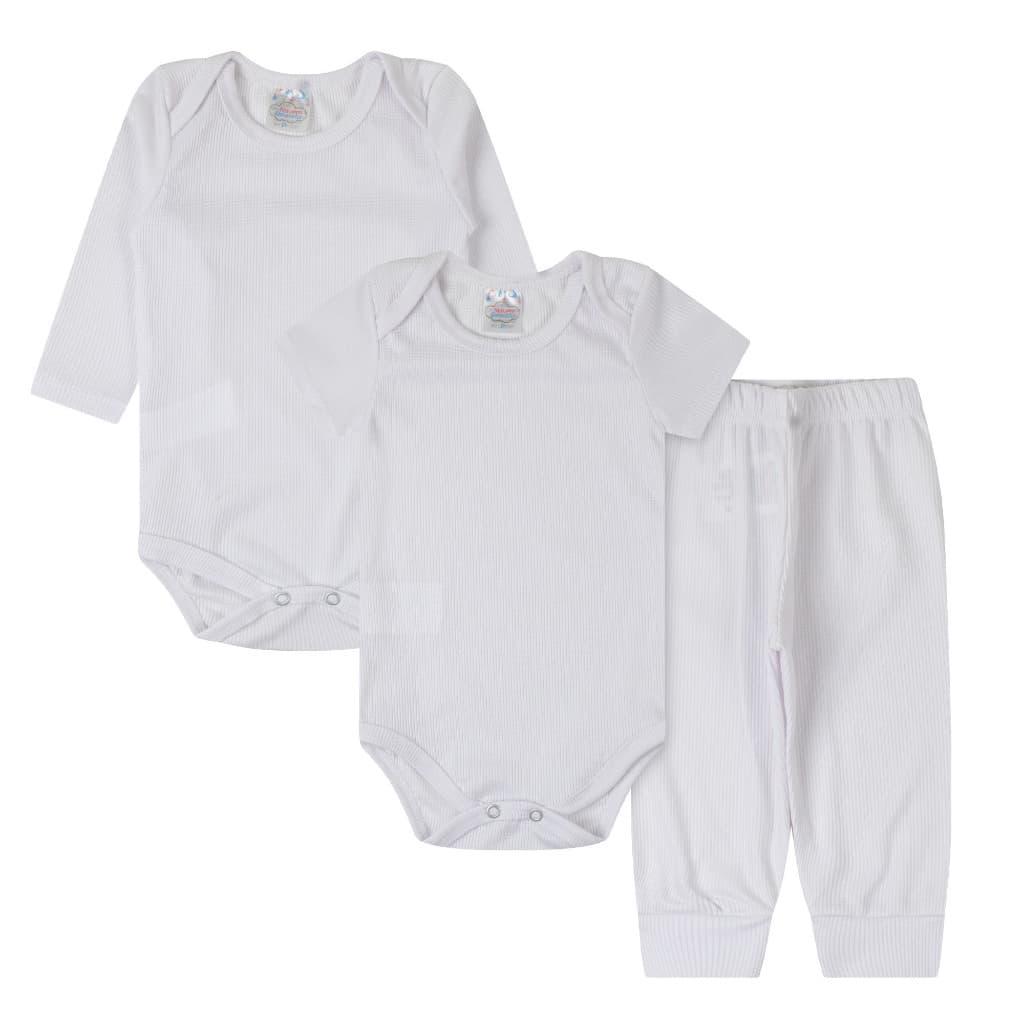 Kit 3 Peças Com Escolha Body Bebê Manga Curta Longa Canelado Calça Mijão Menino Menina P ao 1 Ano