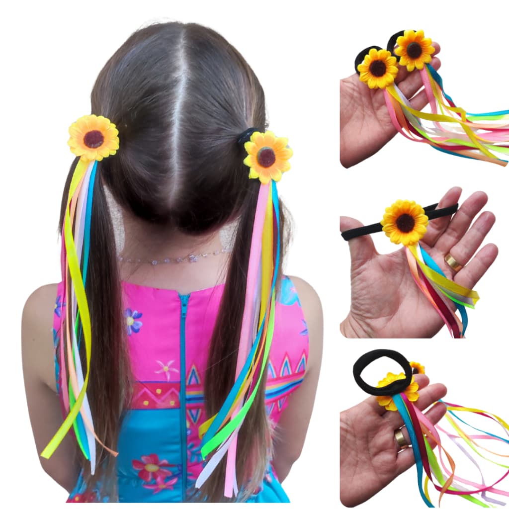 Par de Laço junino na xuxinha com flor de girassol com fitinha coloridas para festa junina