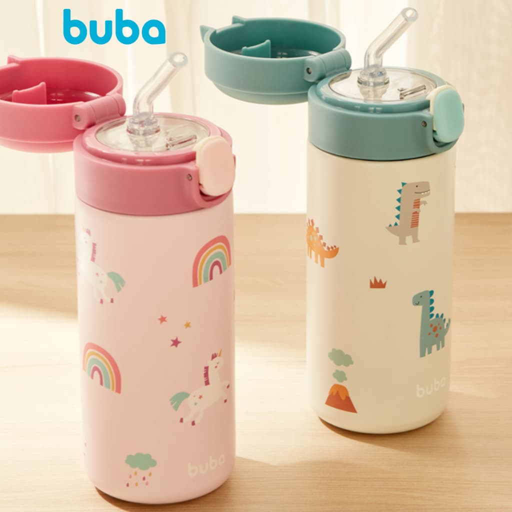 Garrafinha Térmica Infantil Buba Parede Dupla Lançamento Magic Antivazamentos Canudo Silicone