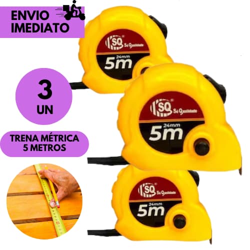 kits 3 ou 1 Trena de Medição 5 Metros Fita Métrica Retrátil Resistente Obras e Reforma Construção
