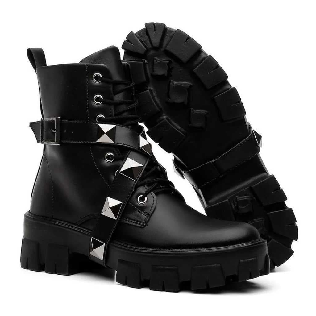 Bota Coturno Tratorada Feminina Preto Cano Médio Confortável e Estilosa
