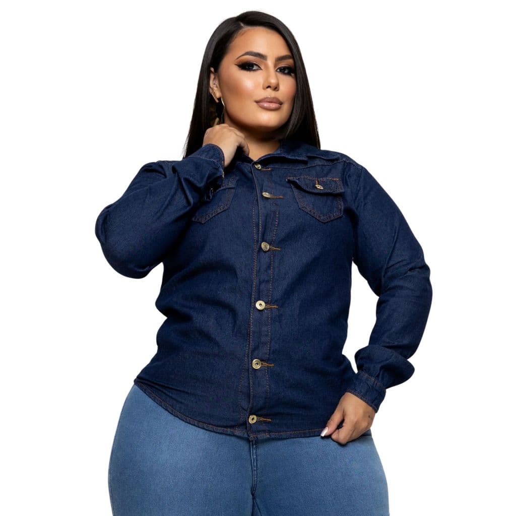 Camisa Jeans Plus Size Feminina Manga Longa com Bolso