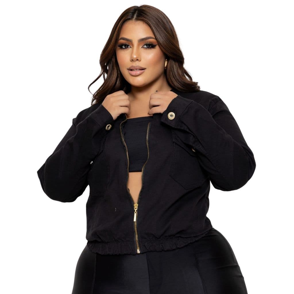 Jaqueta Plus Size Jeans Feminina com Zíper e Lycra