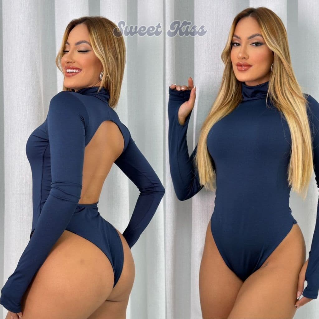 Body Feminino Suplex Manga Longa Costas Nua Gola Alta com Furo no Dedo Forro Duplo Básico Casual
