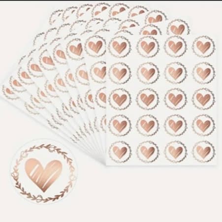 Cartela com 20 adesivos formato coração rose gold/Dourado -  com fundo branco ou transparente
