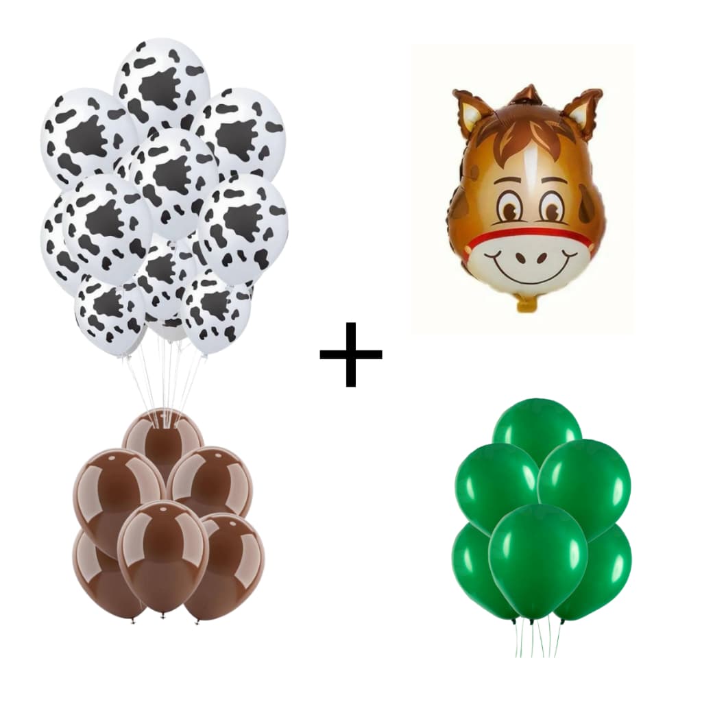 25 Balôes Mancha de Vaca + 10 Balões Liso Marrom + 10 balão Liso Verde + 5 Balões Cavalos Metal