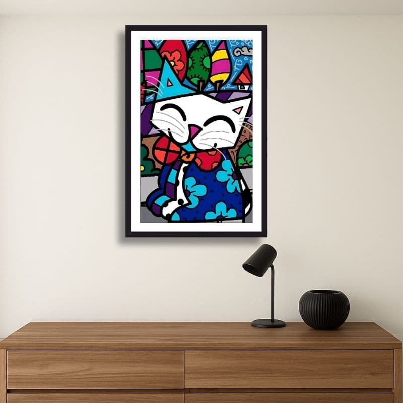 Quadro decorativo gato surreal, Romero Brito arte contemporânea