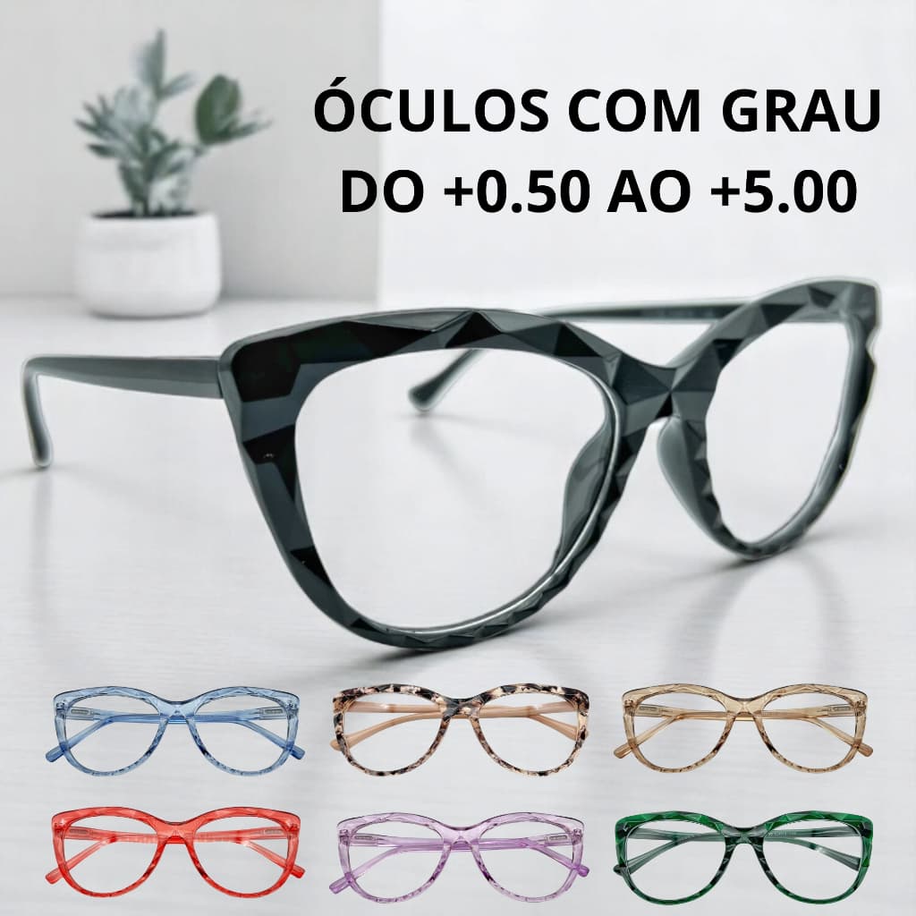 Óculos Com Grau Para Perto Leitura Gatinho Diamante Redondo 3D Presbiopia Lentes Prontas De Descanso