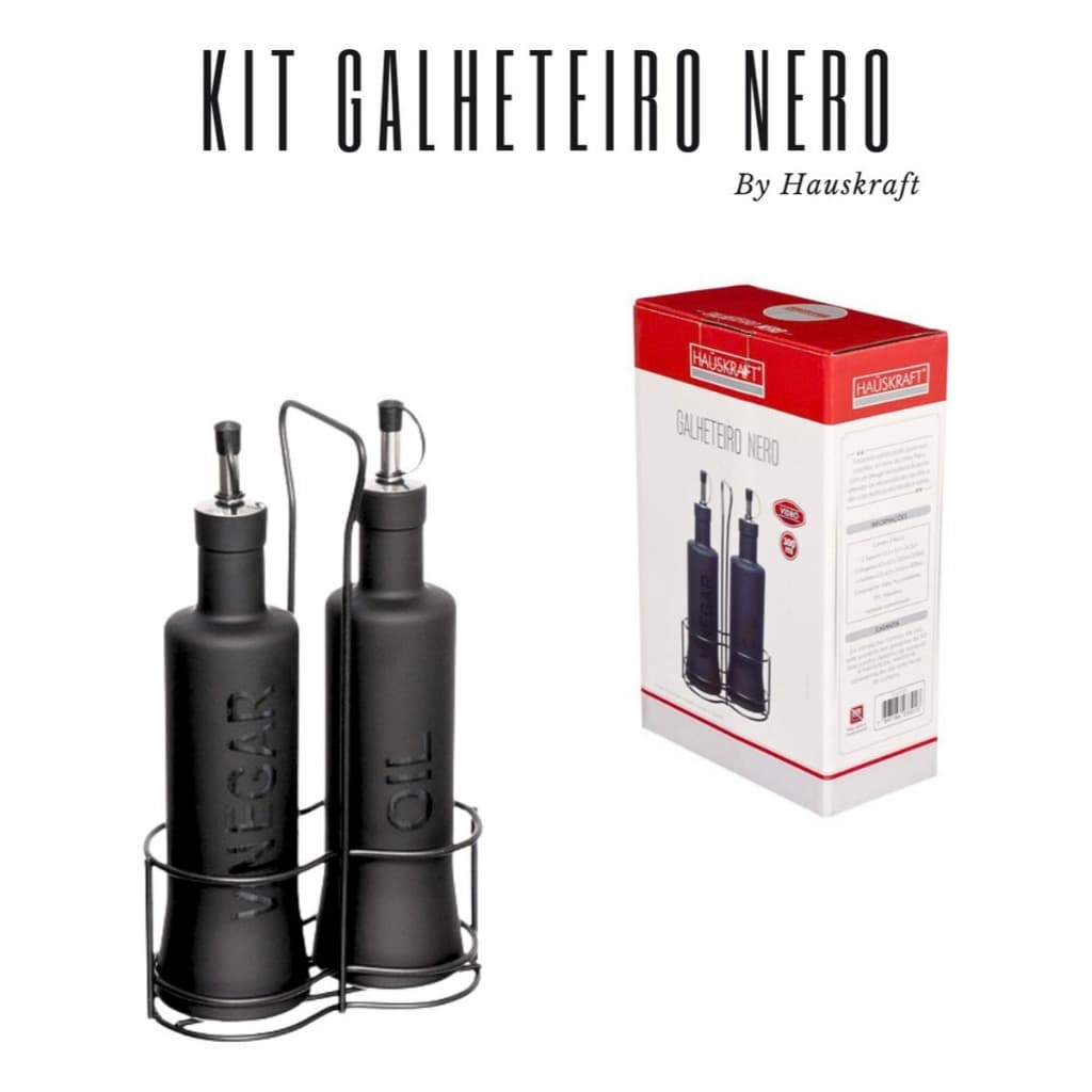 Galheteiro Nero De Vidro Com Suporte Porta Azeite E Vinagre Hauskraft