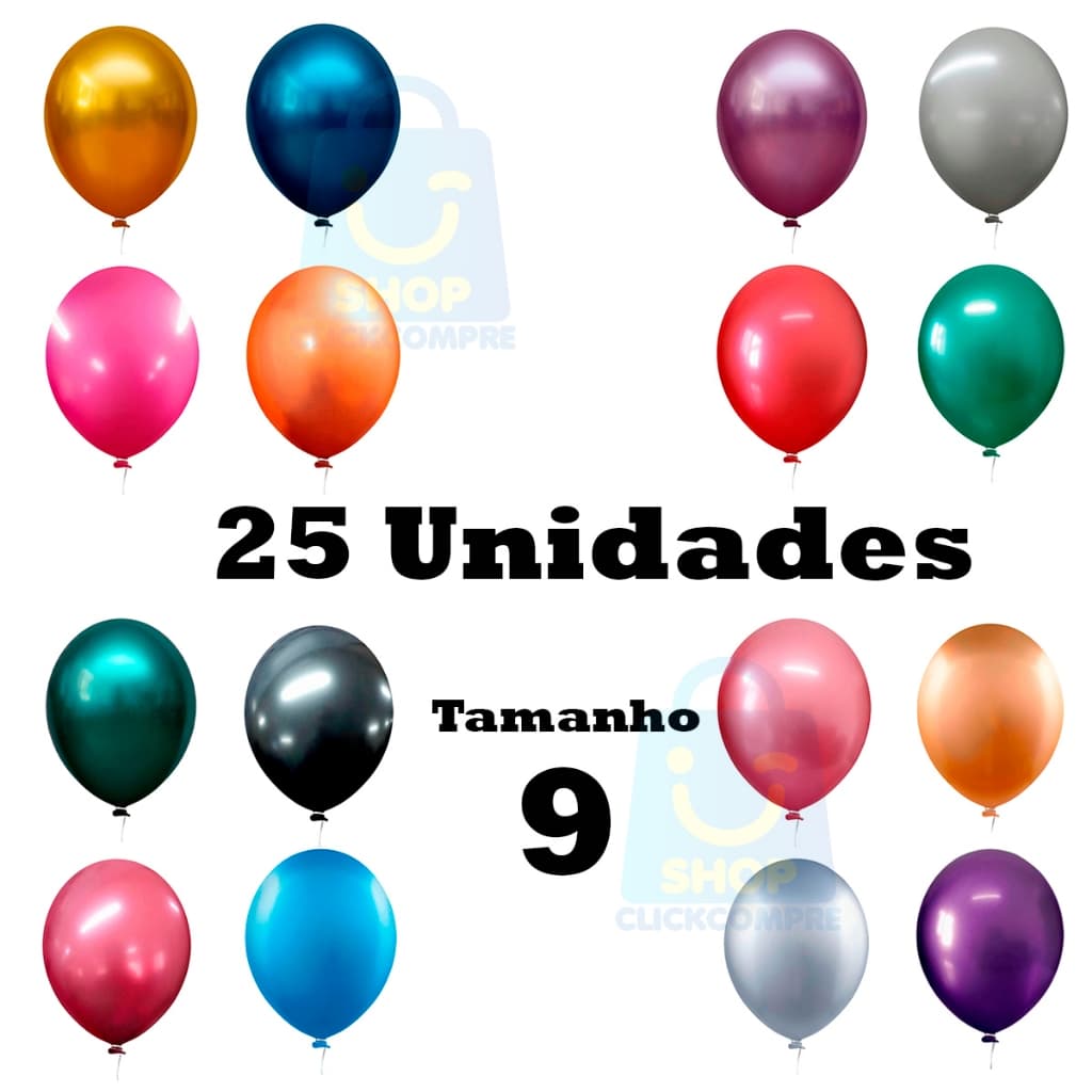 Balão Bexiga 9 Polegadas Alumínio Cromado 25 Unidades Metalizado Festa