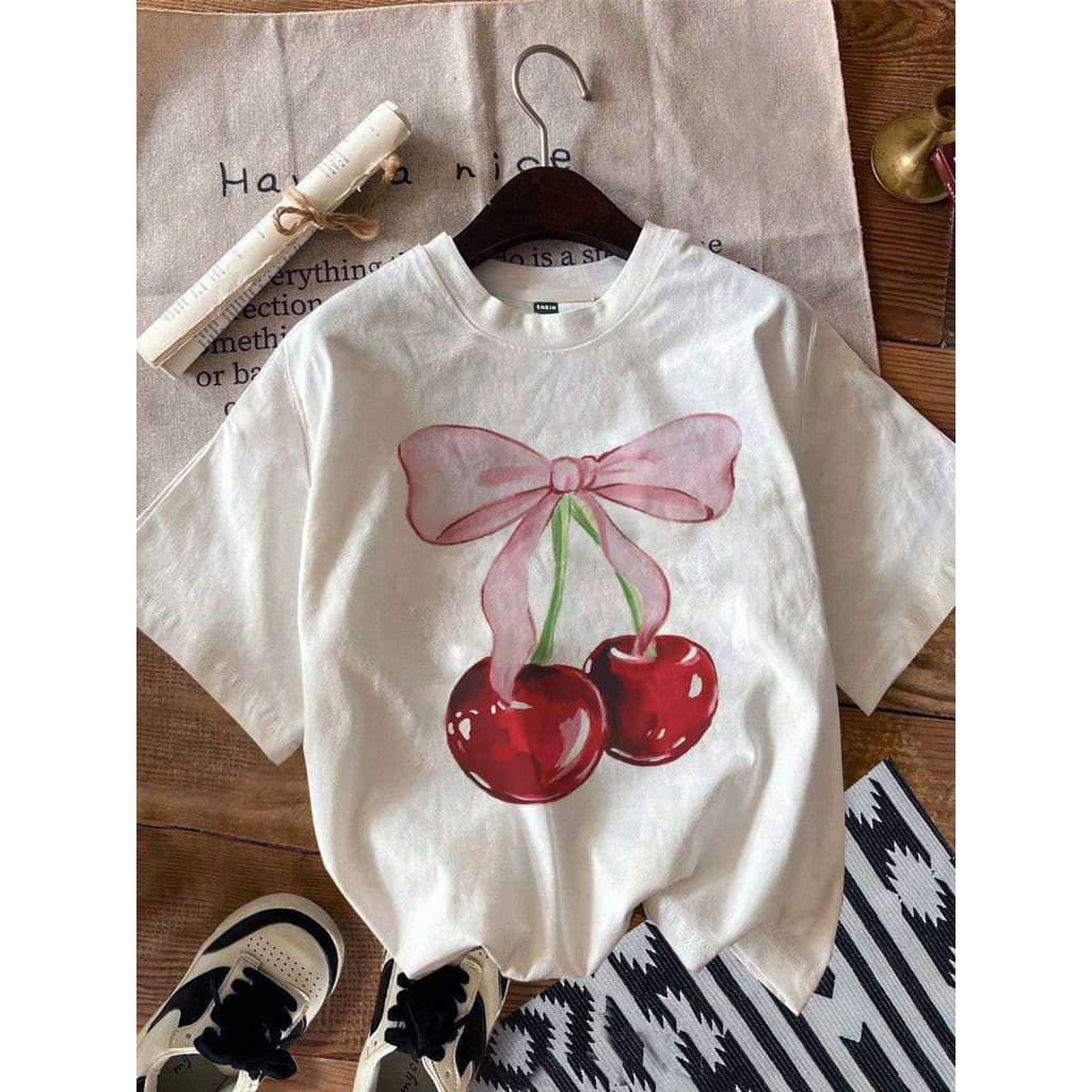 Camiseta Feminina Cherry Laços 100% Algodão