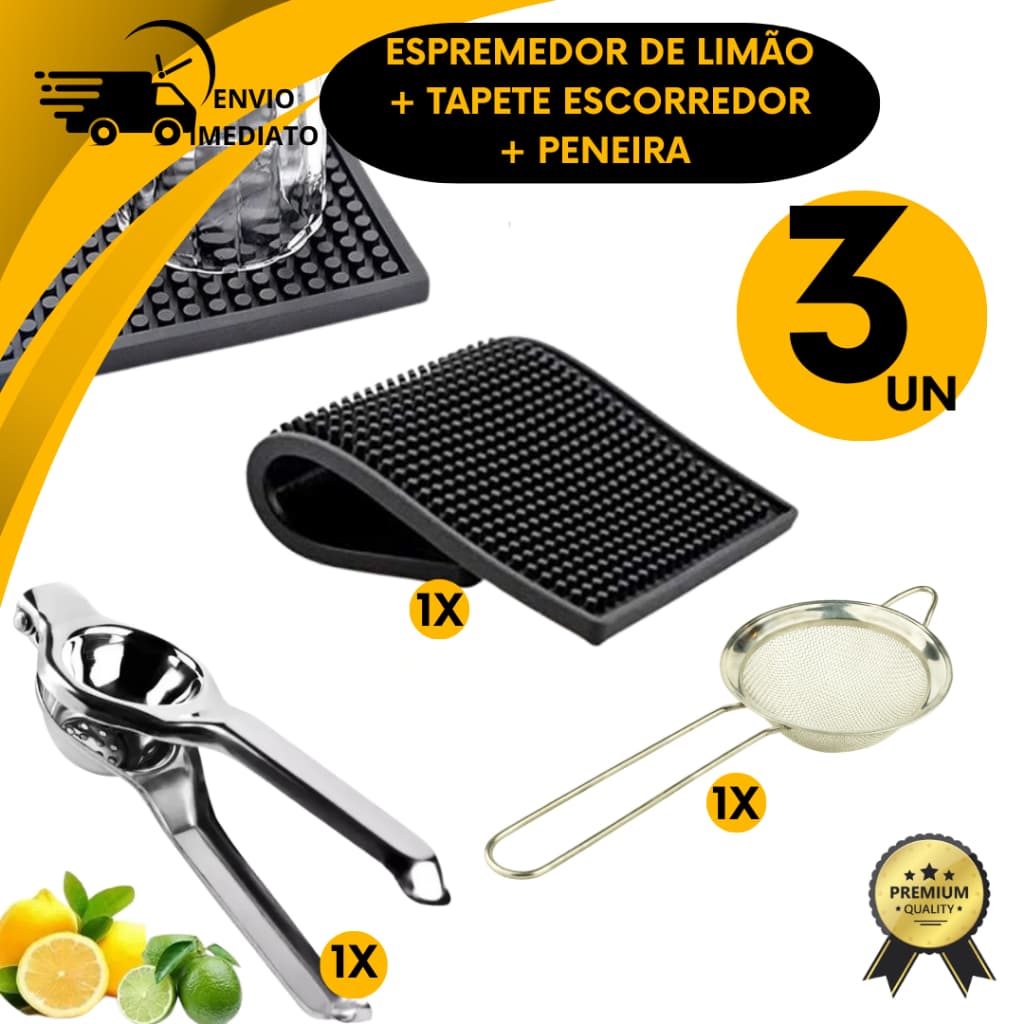 Kit Cozinha Tapete Escorredor  Peneira 10cm  Espremedor de Limão Inox