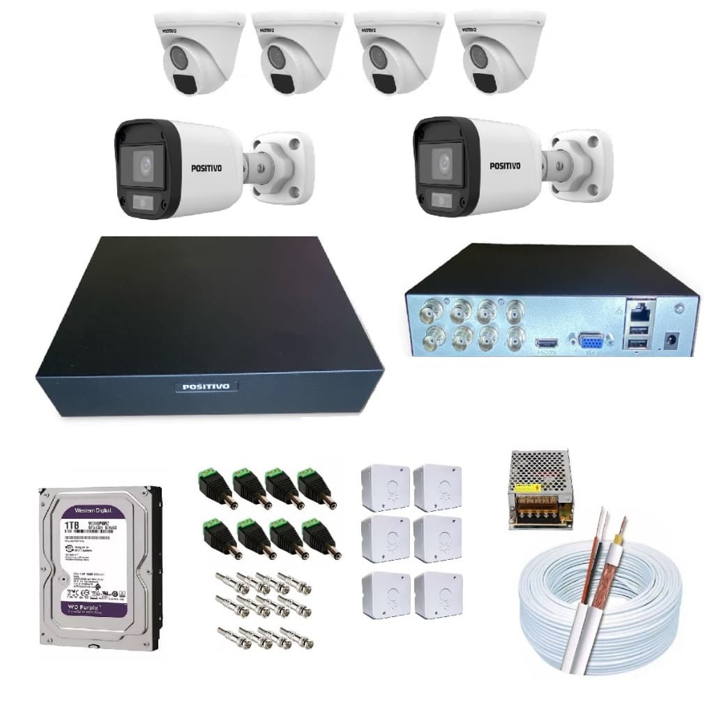 Kit CFTV 6 câmeras de segurança + gravador + HD + cabo + acesso remoto + fonte + conexões