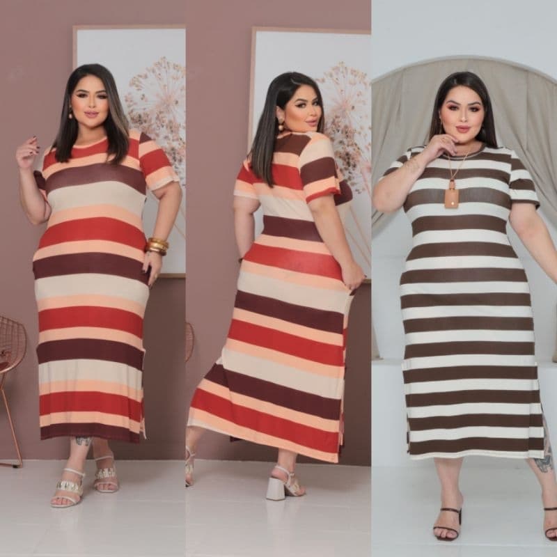 VESTIDO LISTRADO LONGO FEMININO PLUS ZISE COM FENDA LATERAIS