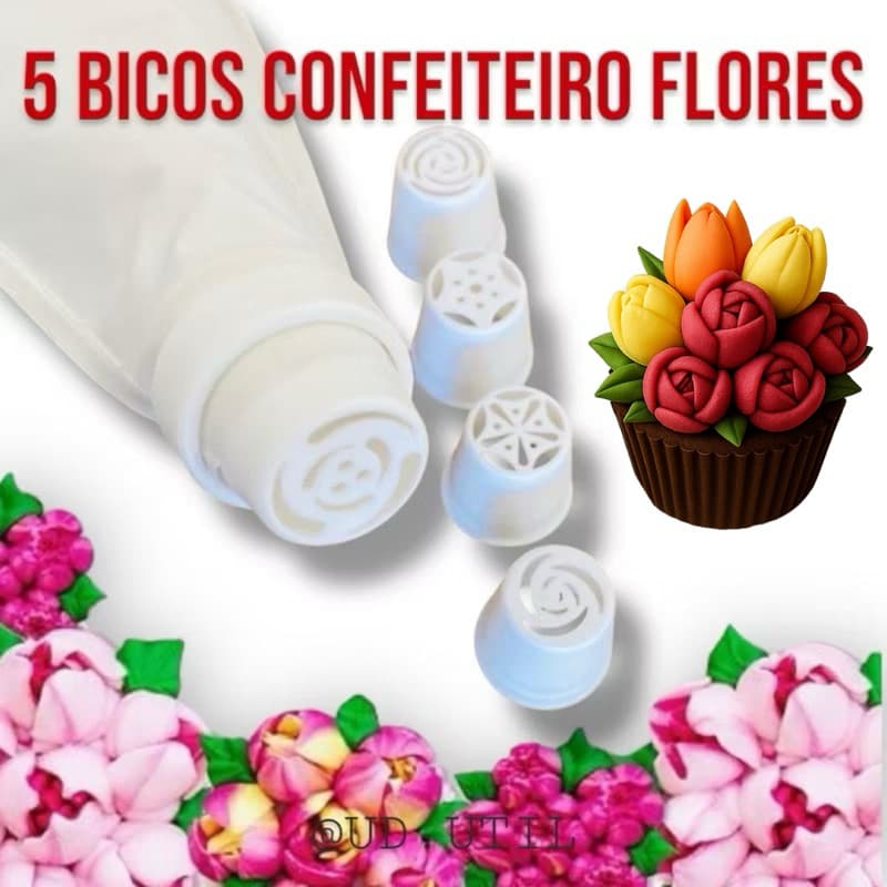 Bicos Russos Confeiteiro P/ Confeitar + Saco De Confeiteira Com 05 Bicos Diferentes P/ Decoração Creme Glacê
