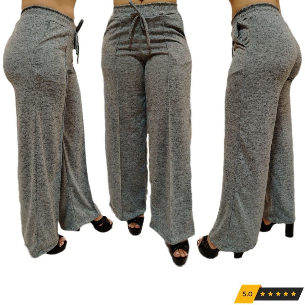 Calça Pantalona de Lanzinha com Elástico na Cintura e Bolso Feminina
