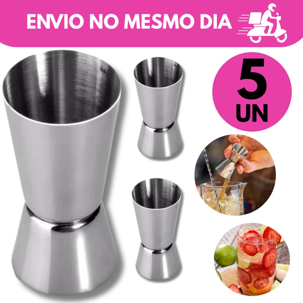 Kit Dosador 5 unidades Medidor de Bebidas Duplo Barmen Inox, Tamanho 8,5 CM e Medidas 50/25ML