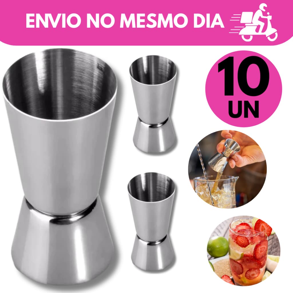 Kit Dosador 10 unidades Medidor de Bebidas Duplo Barmen Inox, Tamanho 8,5 CM e Medidas 50/25ML