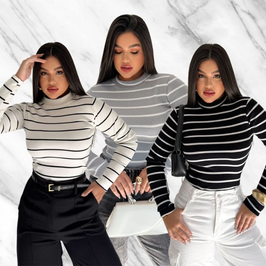 Blusa Manga Longa Gola Alta Feminino Básica Casual Ribana Canelada Outono Inverno Cacharrel