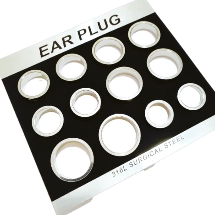 alargador aço prata 20mm 22mm 24mm 26mm 28mm 30mm brinco expansor de rosquear piercing cartela 12 unid tamanhos variados