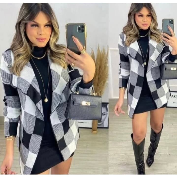 Casaco Femenino Estilo kimono Cardigan Xadrez Blusa de frio Tricô