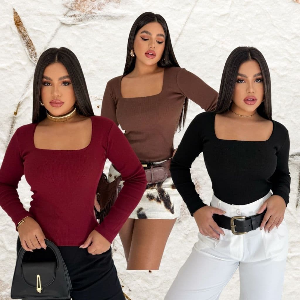 Blusa Feminina Básica Decote Quadrado Manga Longa Casual Versátil Blogueira Moda Gringa