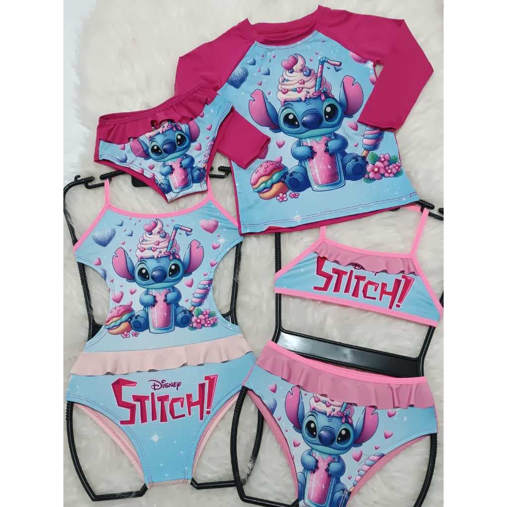 KIT STITCH menina conjunto UV blusa, calçinha, biquini e maio