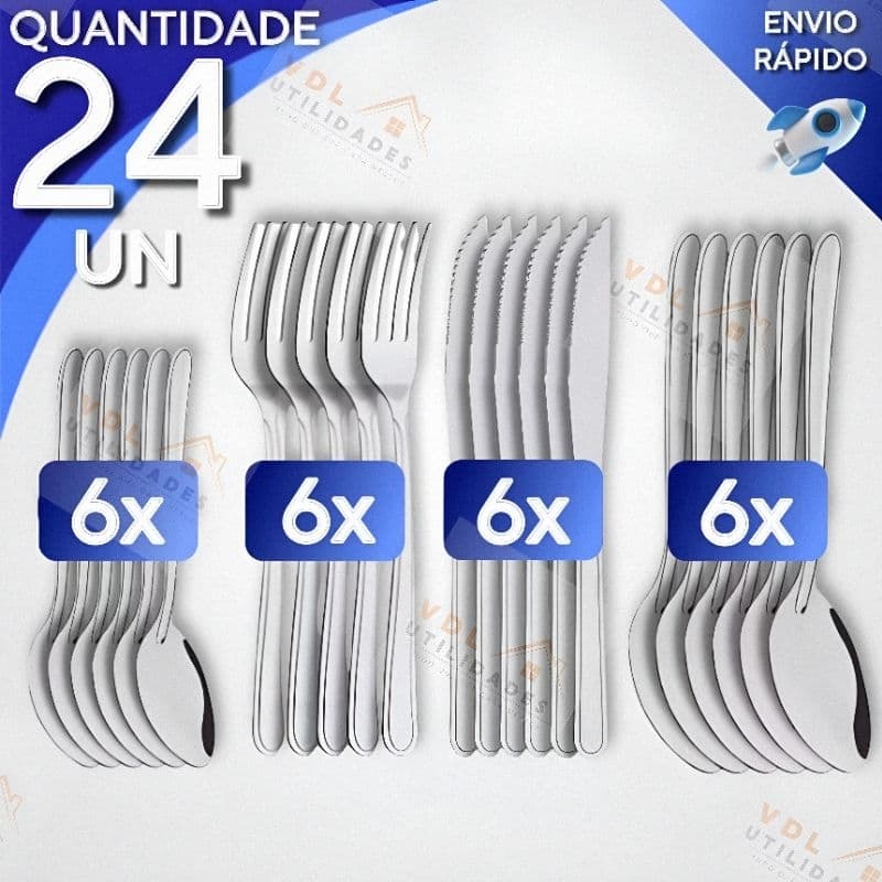 Jogo de Talheres 24 peças Aço Inox 6 Colheres Sobremesa 6 Facas 6 Garfo de Mesa e 6 Colheres De Sopa