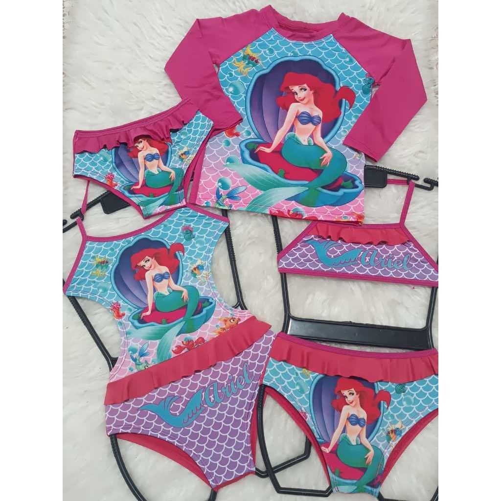 KIT ARIEL menina conjunto UV blusa, calçinha, biquini e maio