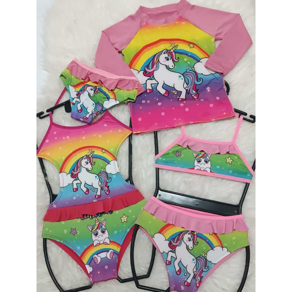 KIT UNICORNIO menina conjunto UV blusa, calçinha, biquini e maio