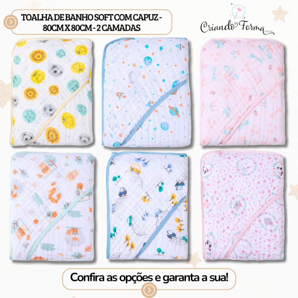 Toalha de Banho Soft com Capuz - 2 Camadas de Fralda - Tecido 100% Algodão - 80cm x 80cm