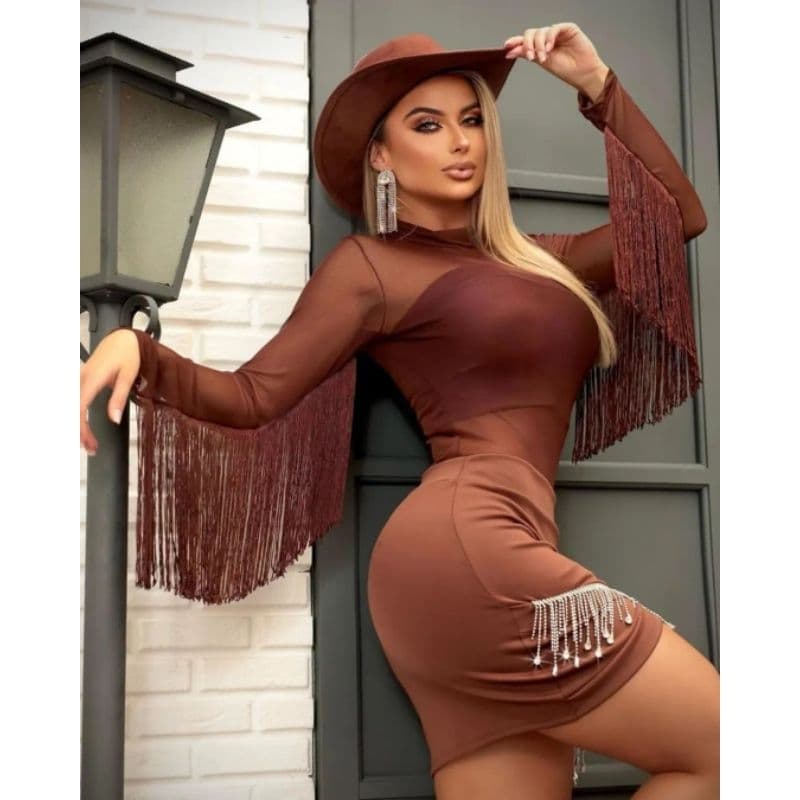 Blusa Body Feminino Country Feminino Tule com Franja