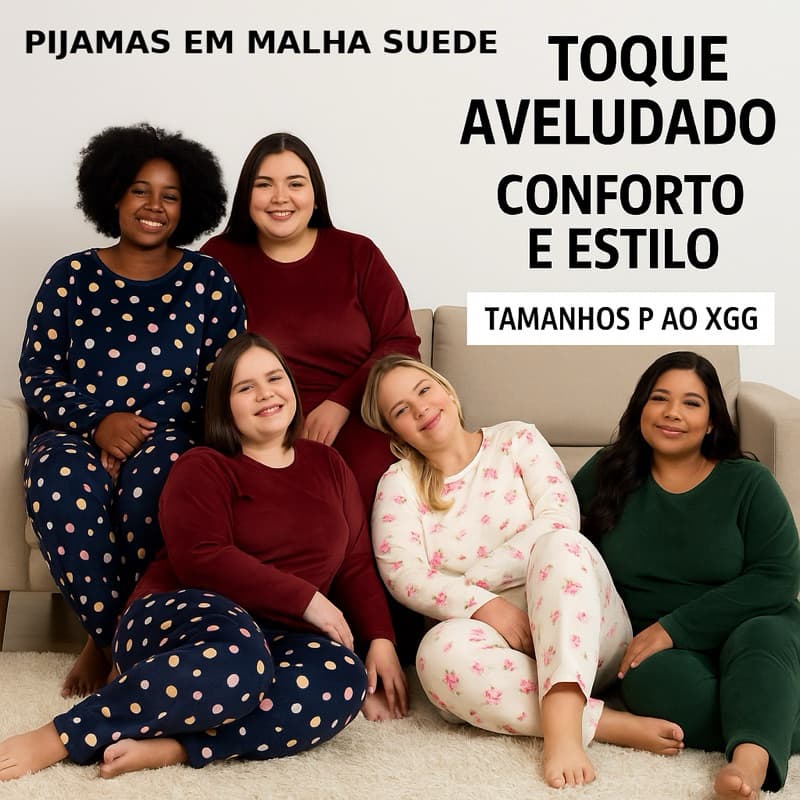Pijama Longo Feminino Suede meia estação Estampado Linha Noite Pijama de Frio Calça e Blusa
