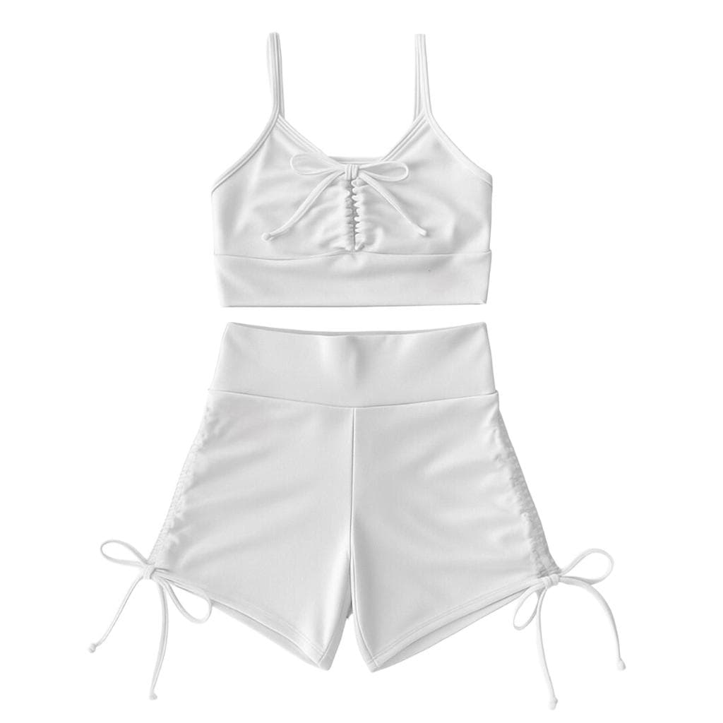 Conjunto Branco Feminino Fitness Short e Top Academia Zero Transparência Laço Lateral Cordinha