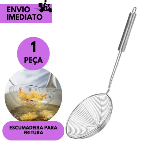 Escumadeira Inox para Fritura Cabo Longo Cozinha Segura Resistente Profissional p/ Salgados