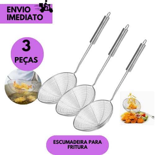Kits 3 ou 1 Escumadeira Inox p/Fritura Cabo Longo Cozinha Segura Resistente Profissional p/ Salgados