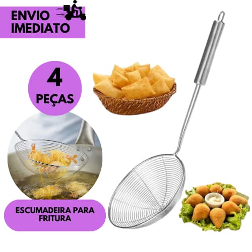 Kits 4 ou 2 Escumadeira Inox p/Fritura Cabo Longo Cozinha Segura Resistente Profissional p/ Salgados