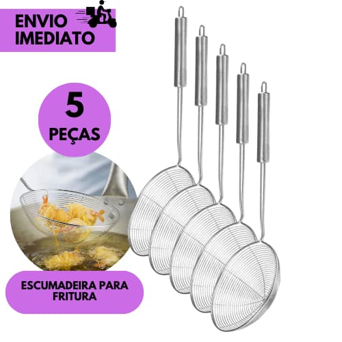 kits 5 ou 3 Escumadeira Inox p/Fritura Cabo Longo Cozinha Segura Resistente Profissional p/ Salgados