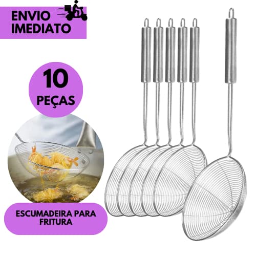 Kits 10 ou 5 Escumadeira Inox para Fritura Cabo Longo Cozinha Segura Resistente Profissional