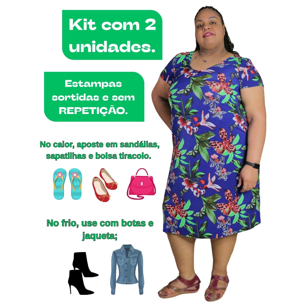 Kit 2 Vestido Adulto Plus Size Feminino Malha Fria Liganet Verão Lindas Estampas