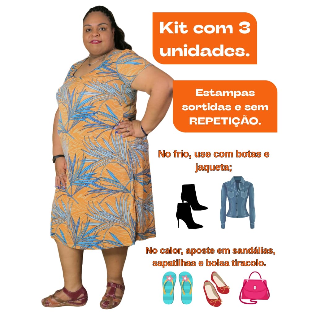 Kit 3 Vestidos Feminino Plus Size Senhora Malha Fria Liganet Verão Lindas Cores e Estampas