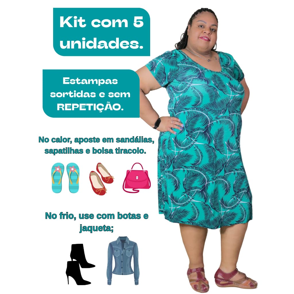 Kit 5 Vestidos Malha Fria Feminino Plus Size Adulto Verão Lindas Cores e Estampas