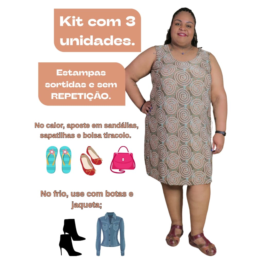 Kit 3 Vestidos Regata Plus Size Feminino Adulto Malha Liganet Verão Lindas Estampas
